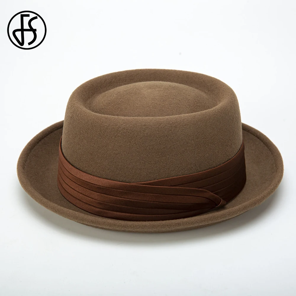 FS 2024 Roll Brim Black Pork Pie Hat For Men Ivory White Wool Fedoras Winter Jazz Cap Church Panama Gangsters Caps Gentlemen