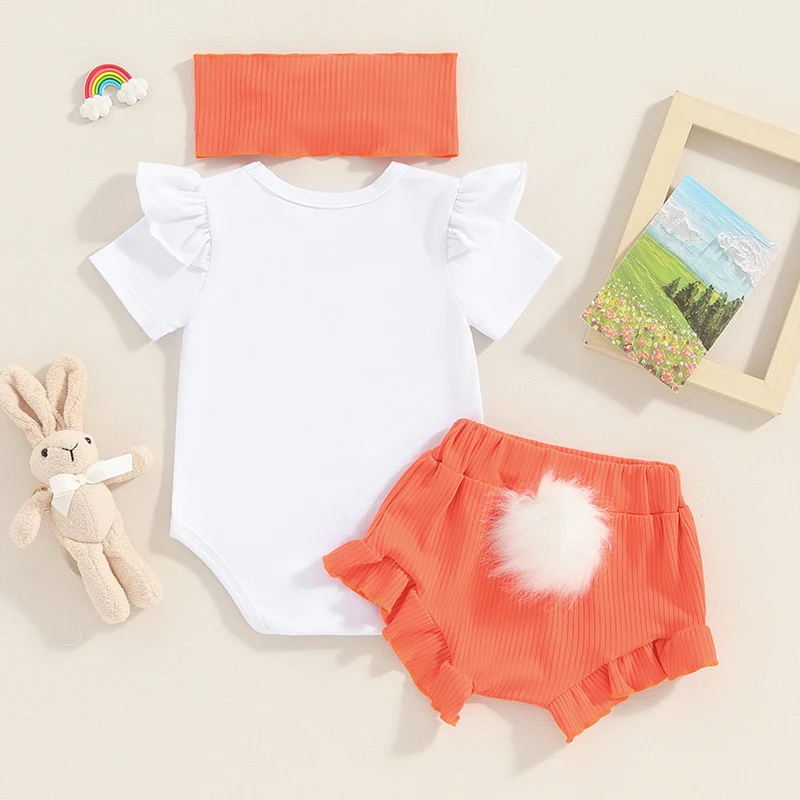 Toddler Girls 3-Piece Easter Bunny Outfit Short Sleeve Romper 3D Tail Shorts Headband Set Infant Clothing for Spring