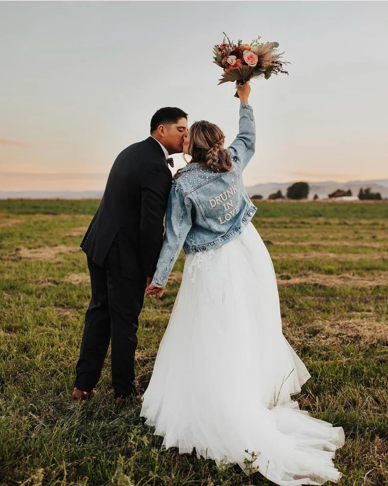 jean jacket with bridesmaid dress Bride Flowers Denim Jacket
