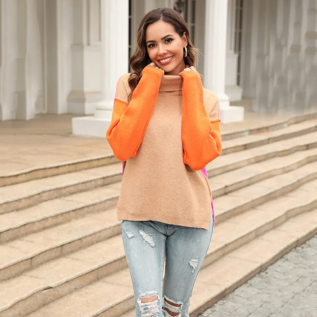 

Women's Turtleneck Pullover Sweater Fashion Cross-Stitch Design Autumn Winter Warm Trendy Knitwear for Ladies