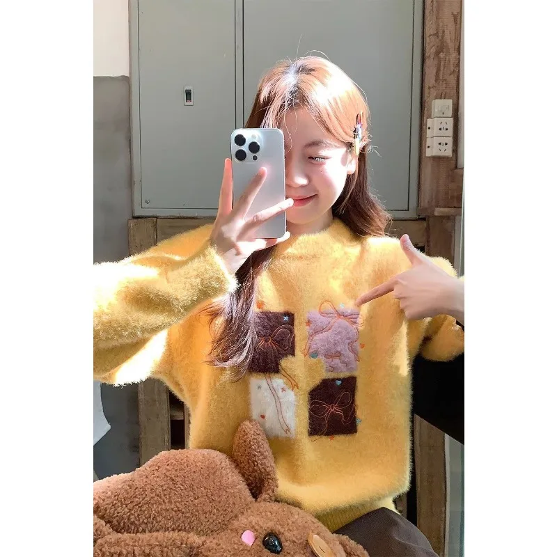 Women Knit Sweater Autumn Winter Lazy Cute Thick Style Versatile Casual Pullover Top