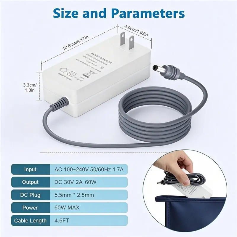 A53M-For Starlink Mini Power Cable 60W Replacement Power Supply Adapter DC 30V 2A Output Wall