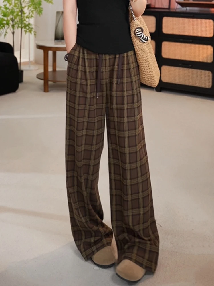

Женские повседневные брюки Slim Fit с широкими штанинами, в клетку, на резинке, с высокой талией, прямого кроя, весна-осень, новый стиль, свободные, стройнящие