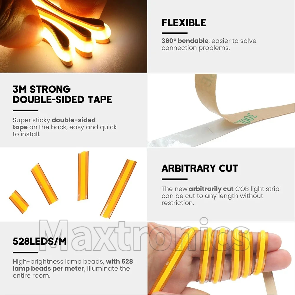 5m/rolo corte livre cob led luz de tira 528leds/m 8mm largura pcb quente/branco natural/branco frio iluminação linear 12/24v fita flexível