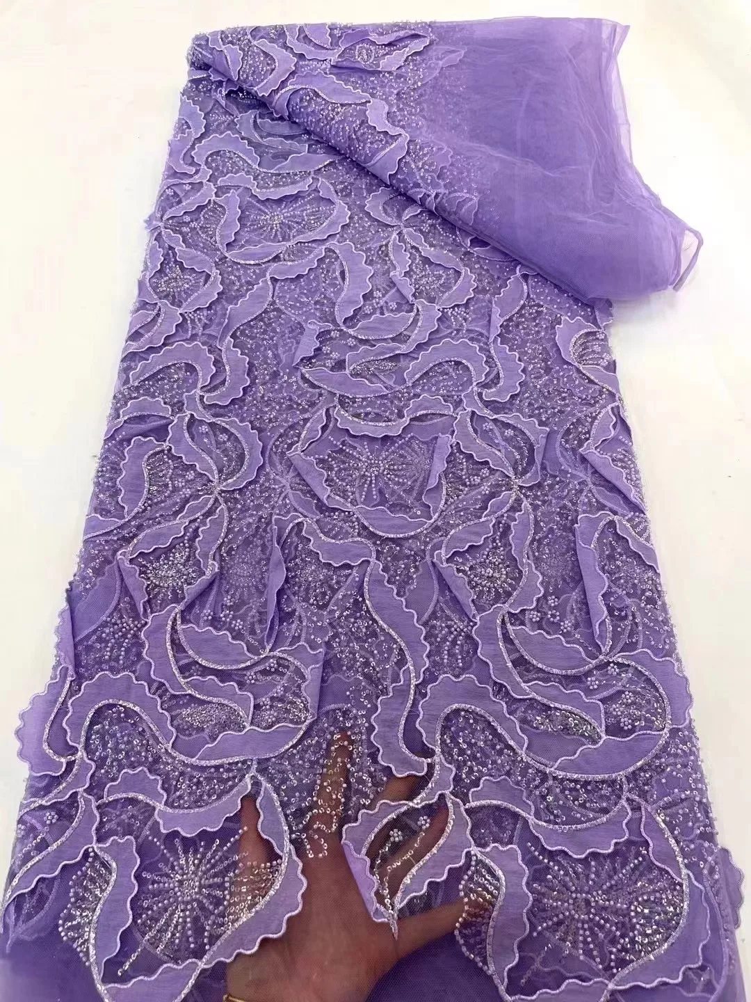 

Purple Luxury Beads 3D Flower Embroidery French Tulle Lace Fabric Nigerian Sequin Lace Fabric for Wedding Party