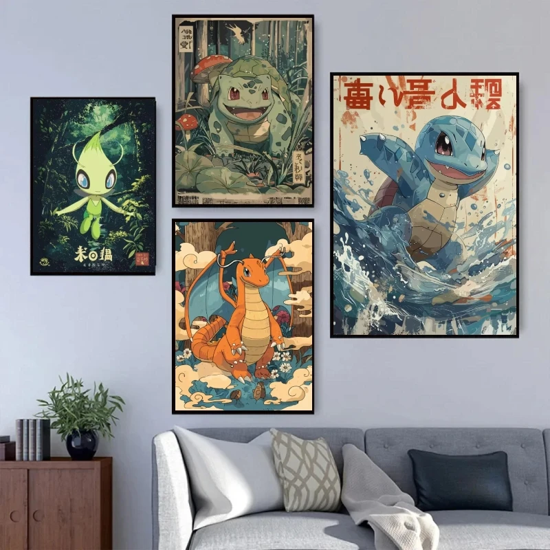 

Classic Pokemon Anime Poster Bulbasaur Squirtle HD Canvas Print High Quality Retro Home Living Room Decor Painting Birthday Gift