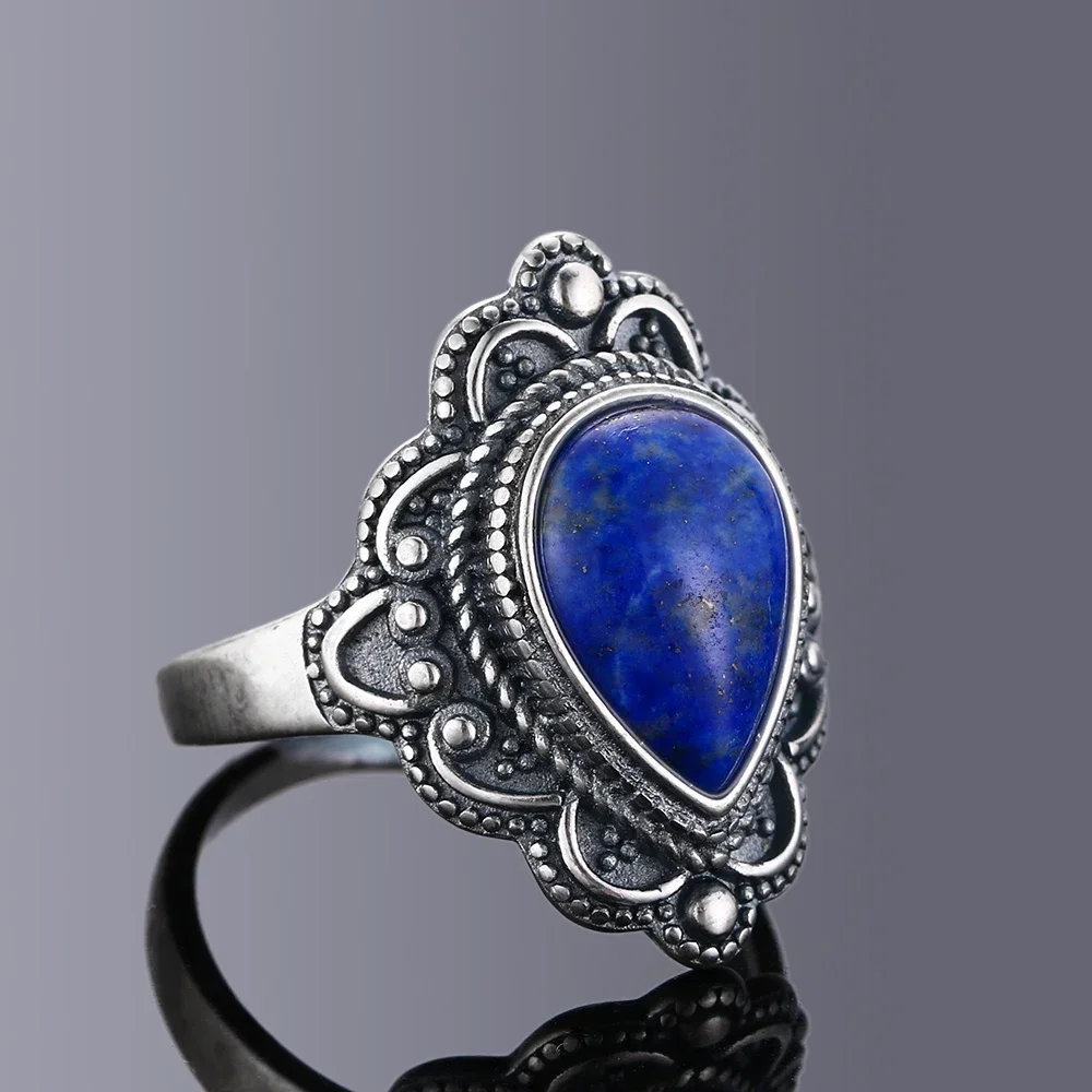 Natural Lapis Ring 925 Sterling Silver Rings for Women Men Drop Shaped Stone Fine Jewelry Gift Retro Party Finger Ring