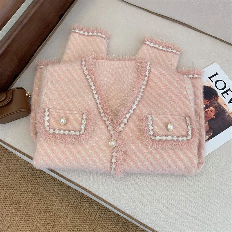 Jaket mantel rumbai wanita, elegan bulu imitasi kotak-kotak leher V lengan panjang kasual longgar saku rajutan Sweater Pink