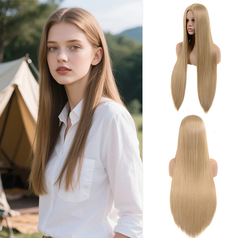 Peluca sintética rubia dorada clara de pelo largo y liso a la venta de liquidación, para que las señoras se usen en reuniones diarias, resistencia al calor
