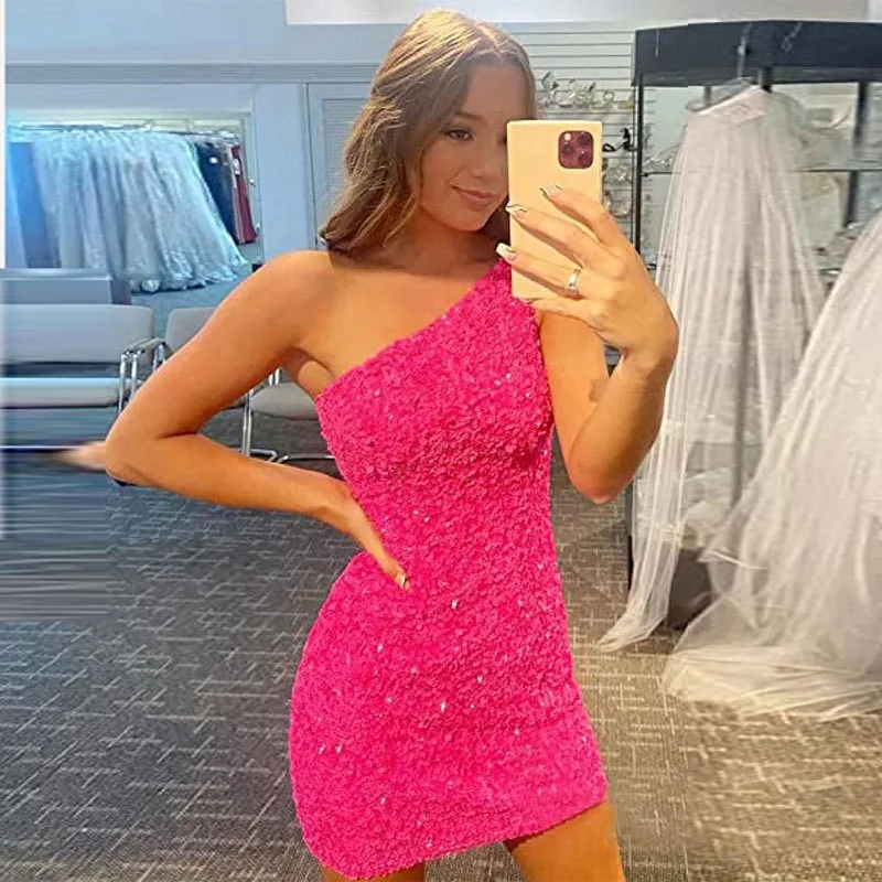 Glitter Hot Pink Sequin Homecoming Dress 2024 Sexy One Shoulder Mini Short Cocktail Party Dress Chic Red Black Girls Prom Dress