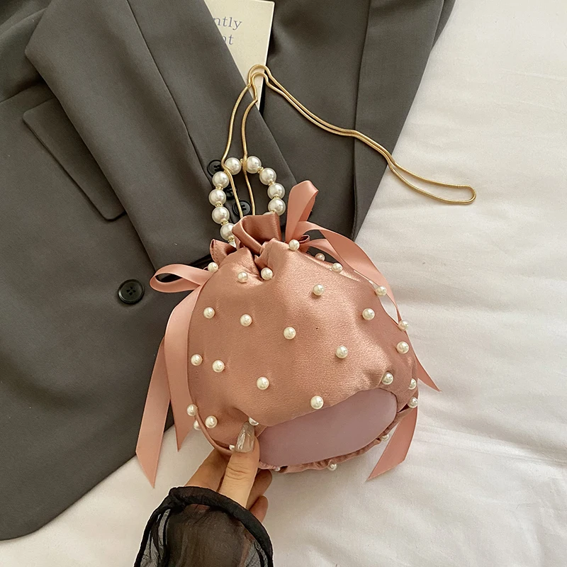 

Women Pearl Handheld Canvas Bucket Bags 2025 New Versatile Drawstring Chains Crossbody Bag Girls Handbags