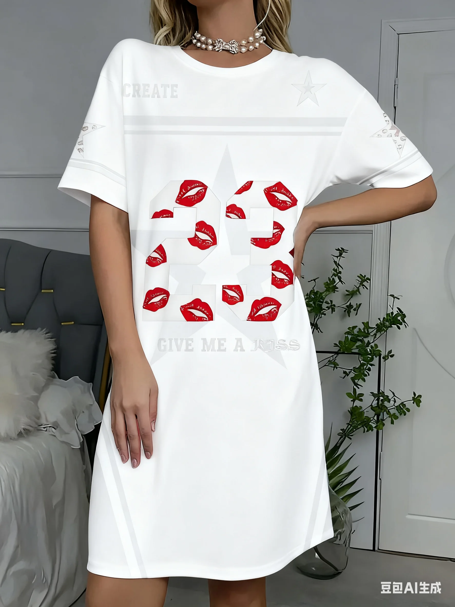 เดรสเสื้อยืดผู้หญิงไซส์ใหญ่ลำลอง รุ่น NO.23 ลายพิมพ์ คอกลม แขนสั้น สไตล์สวม ผ้าสำหรับฤดูร้อน เสื้อผ้าผู้หญิง