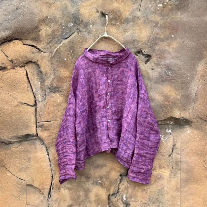 Ramie manches longues imprimé fleuri ramie mince chemises et haut femmes 2025 été automne nouveau Style Vintage lâche Cardigan Blouses