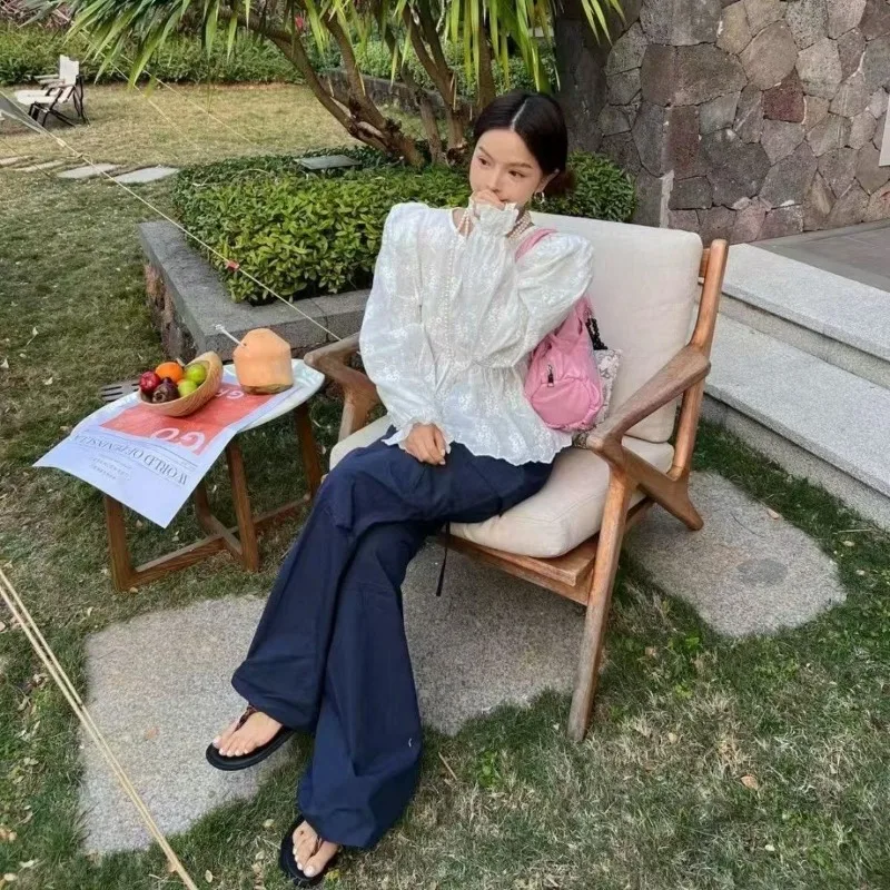 Blusa feminina estilo coreano em torno do pescoço bordado babados cintura pura colheita topo outono novo simples camisas de manga longa senhora