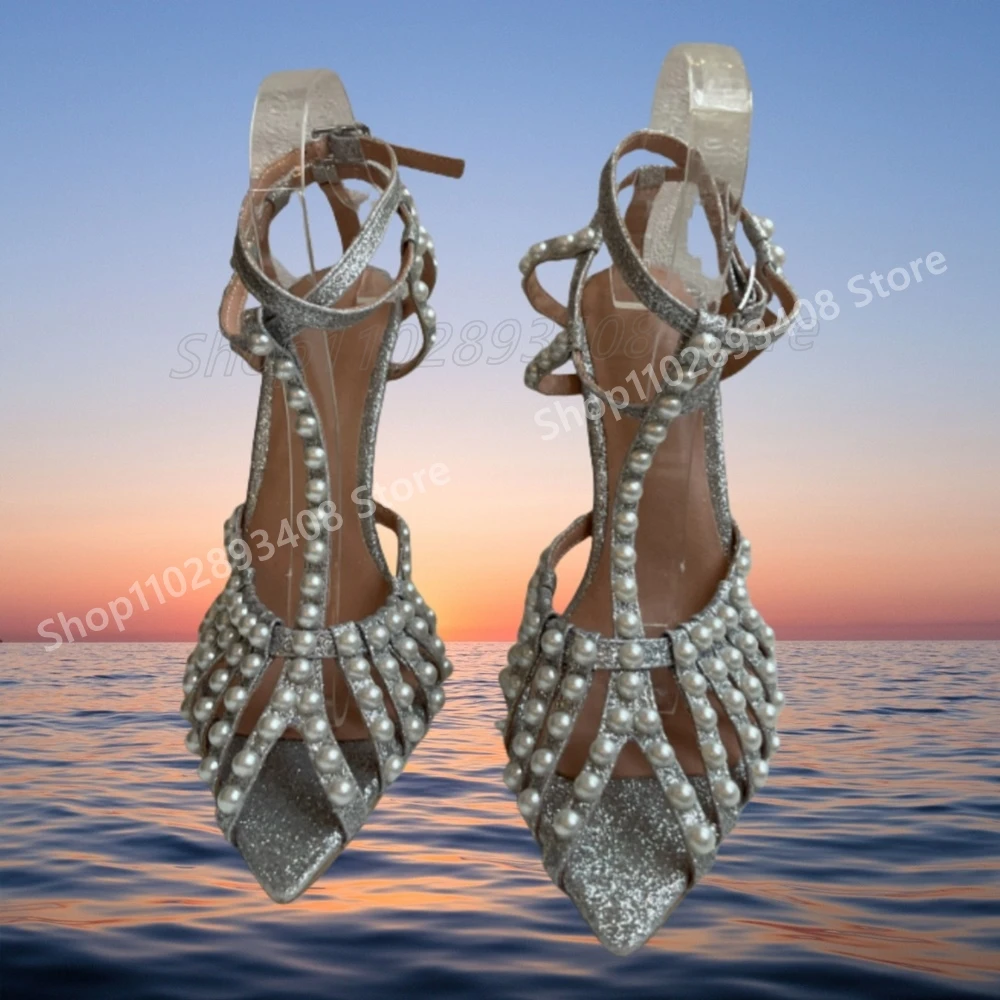 

Sliver Pearls Decor Hollow Sandals T-Strap Open Toe Stiletto High Heel Fashion Sexy Women Shoes 2025 Summer Zapatos Para Mujere