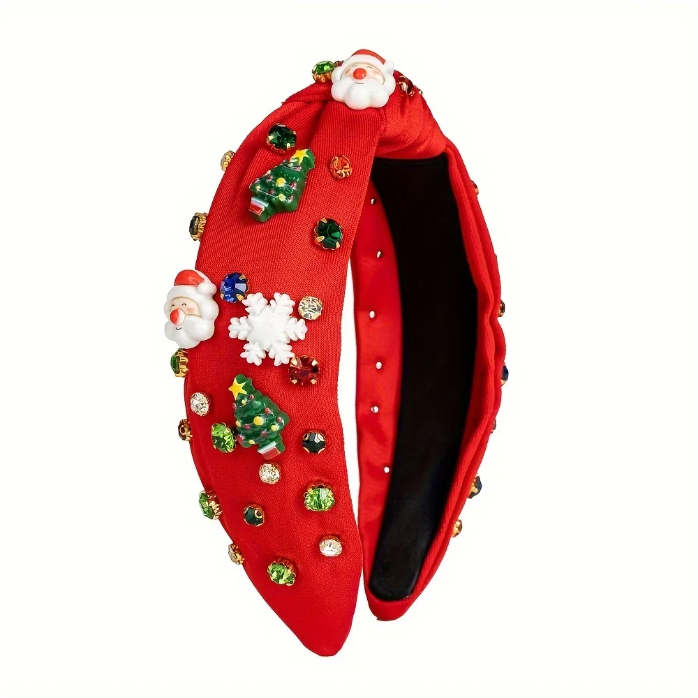 Holiday Christmas Headband - Wide ligature design, sparkling rhinestones, Santa Claus and snowflake pattern