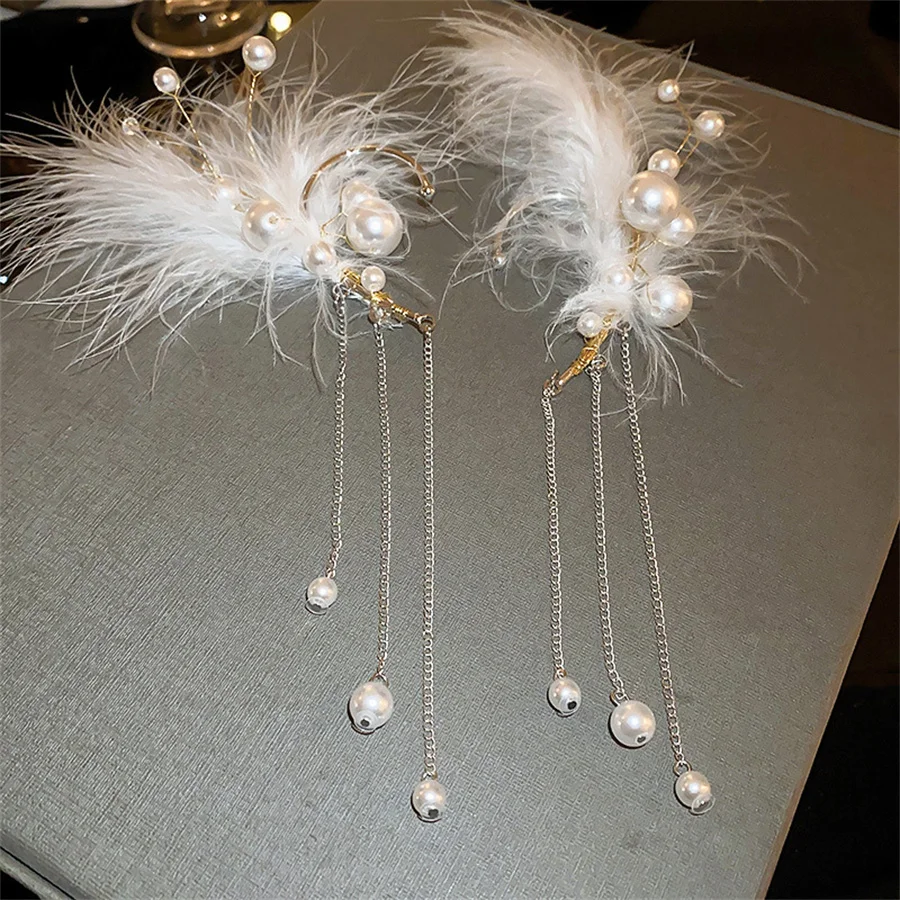 White Feather Pearl Tassel Earrings Female Non-pierced Earrings Ear Bone Clips Ear Clips Trendy Elf Earrings Aesthetic Earrings