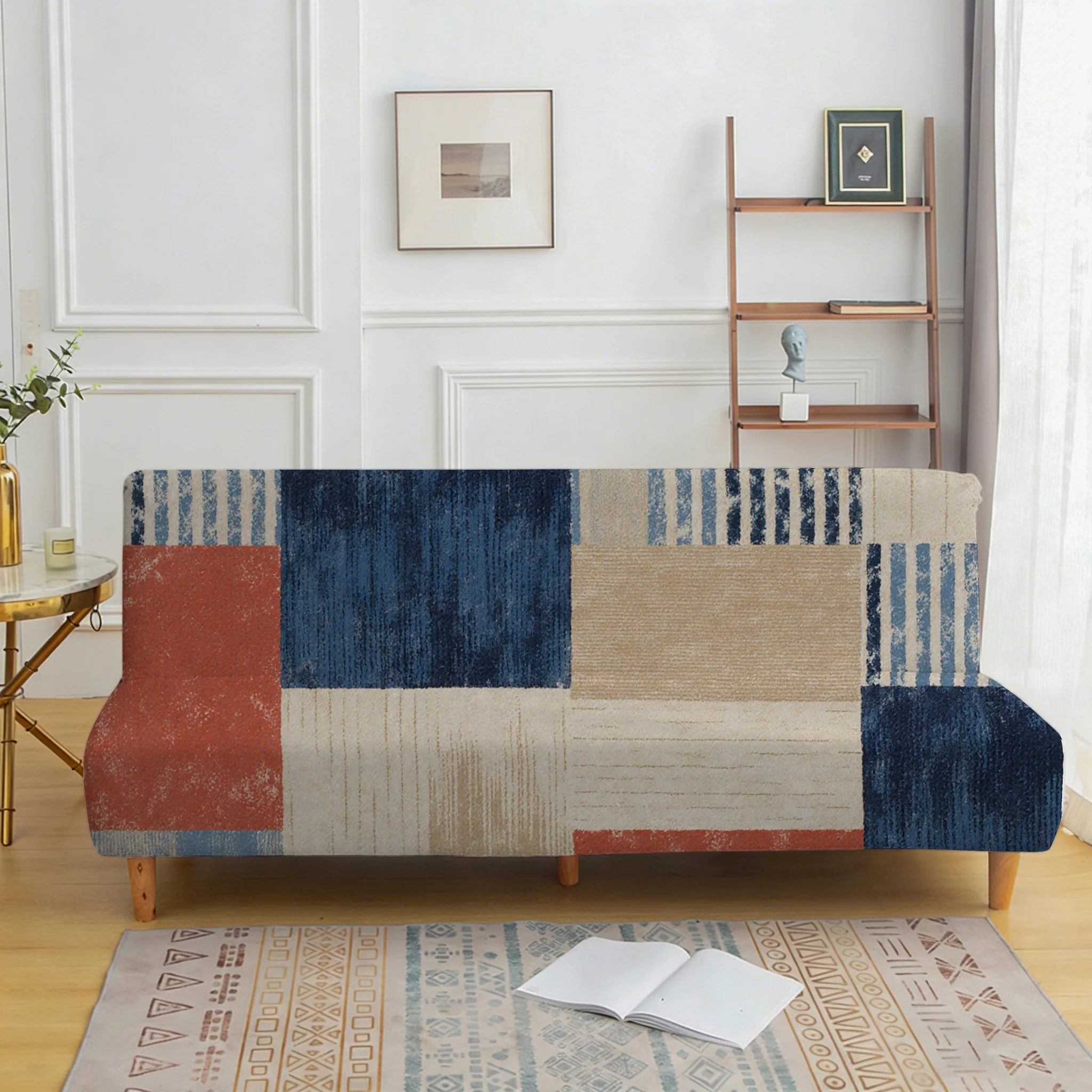 Geometric color matching plaid elastic sofa bed cover, living room sofa bed cover, dustproof machine washable sofa bed cover