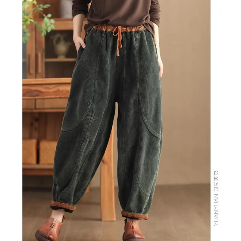 2024 Winter Fashion Corduroy Pants Women High waist Casual Loose Vintage Warm lint Lantern Harem Trousers Ladies Elegant R502