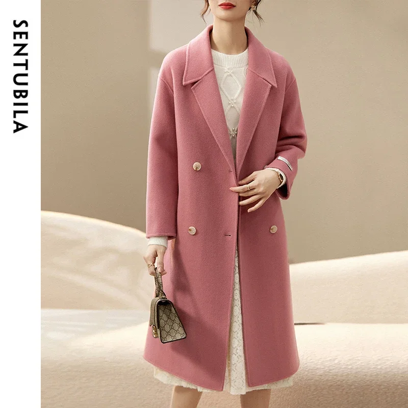 SENTUBILA abrigo mujer 100% lana 2025 invierno estilo coreano recto doble cara grueso cálido abrigo de longitud media W44O56769X
