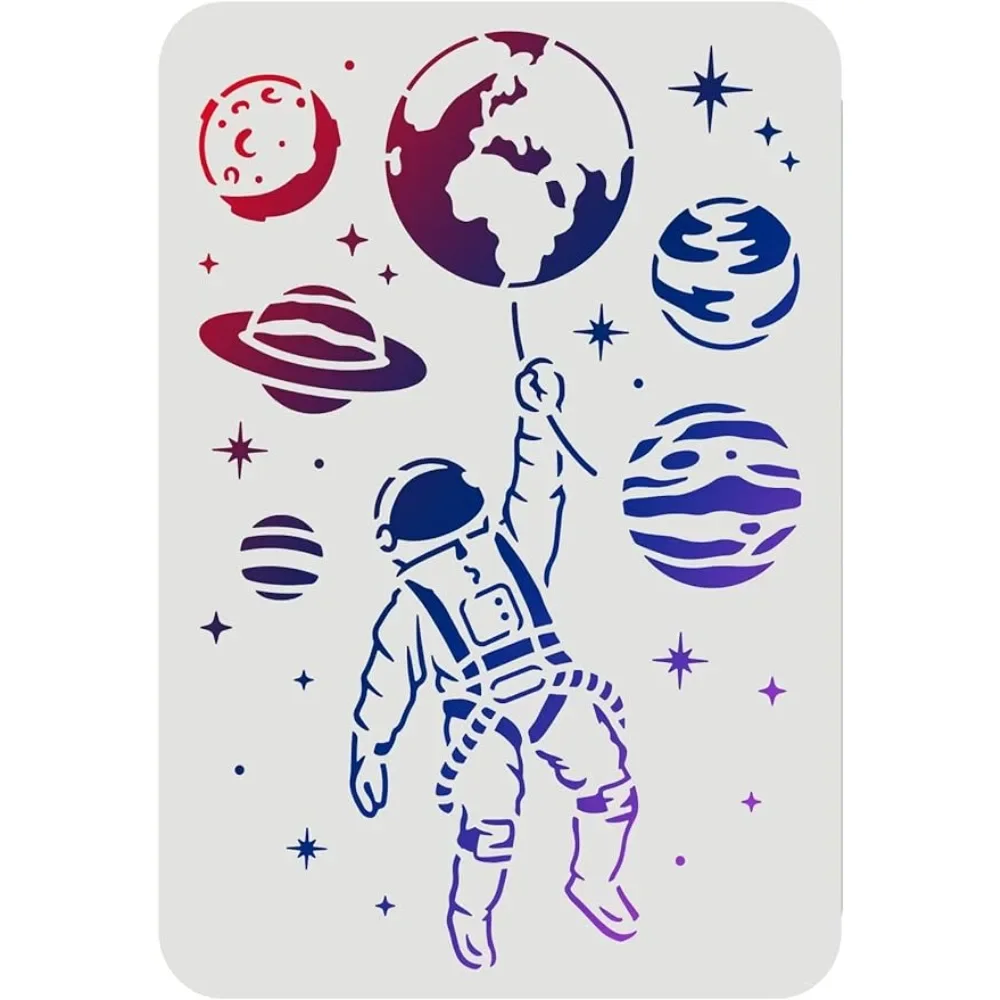 Astronaut Stencils 11.7x8.3 inch Plastic Outer Space Theme Drawing Painting Stencils Planet Earth Star Pattern Wall