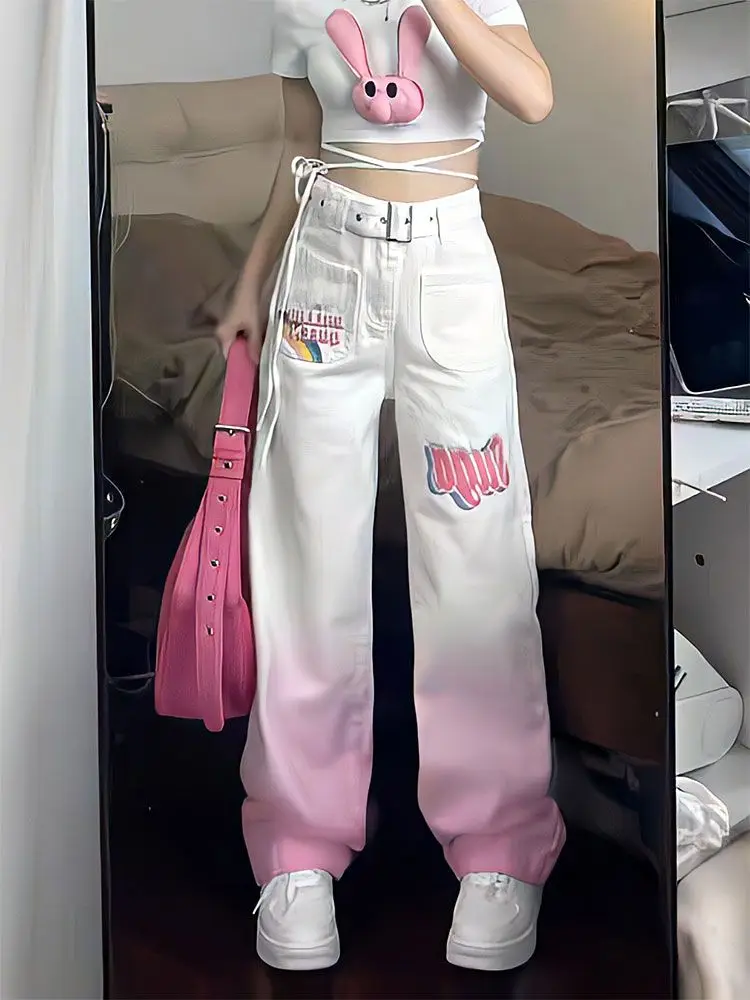 Y2K Pants Gradient Pink Jeans Streetwear Women Harajuku High Waist Straight Trousers Korean Fashion Kpop Kawaii Wide Leg Pants