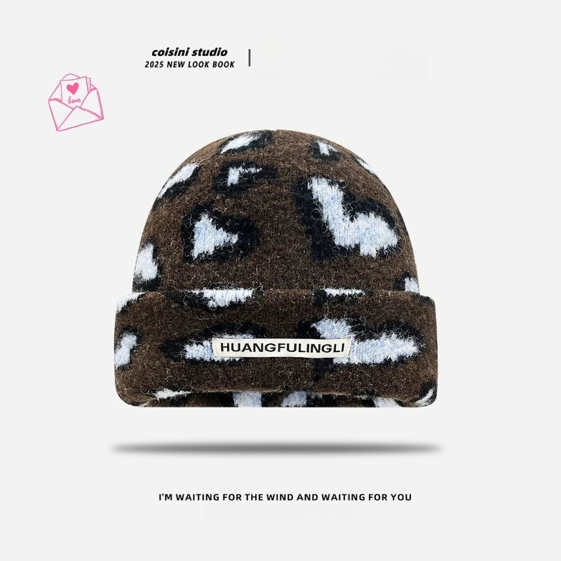 الكورية الخريف والشتاء شخصية الرجعية الحب ليوبارد طباعة البلوز القبعات للنساء الدافئة متماسكة Skullies Beanies #6