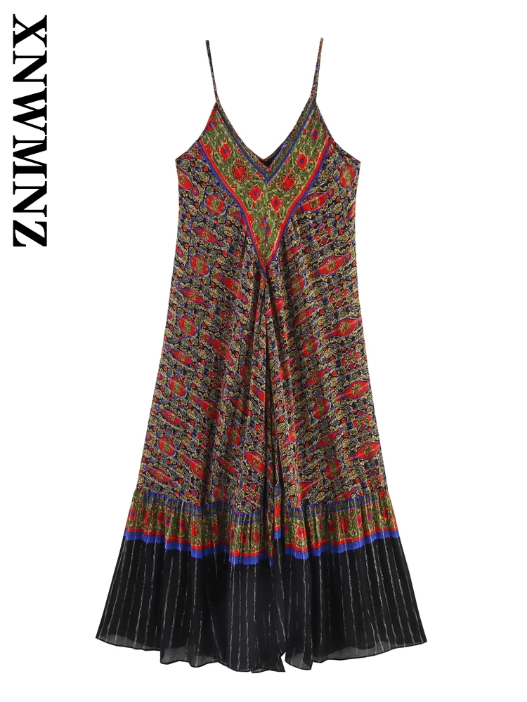 XNWMNZ 2025 Estate Donna Chic Moda Colletto a V Spalla midi boho Vacanza Femminile tracolla sottile Senza maniche Abiti senza schienale