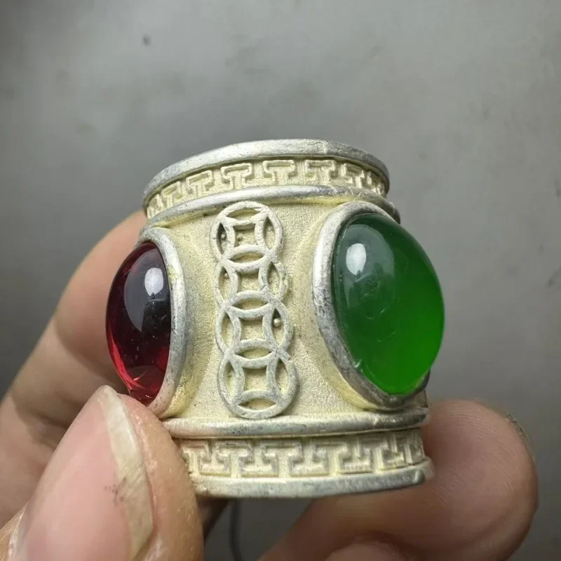 الصين القديمة الفضة التبتية مطعمة خمر الأحجار الكريمة الحمراء الشعبية مخصص خاتم الرجال غرامة الأزياء والمجوهرات هدية