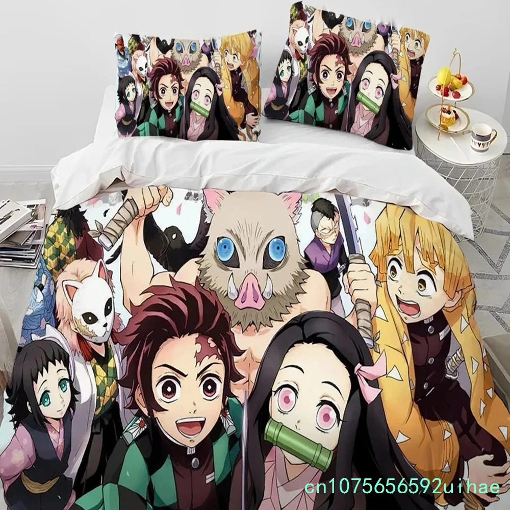 Demon Slayer Bedding Set Kamado Nezuko Duvet Cover Set Bedspread Pillowcase King Queen Full Single Size Bed Linen Boys Teen Gift