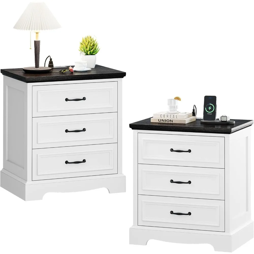 Pair of 21.7W Farmhouse Nightstands with Charging Stations, White End Tables Featuring 3 Drawers Storage, Wooden Side Tables wit