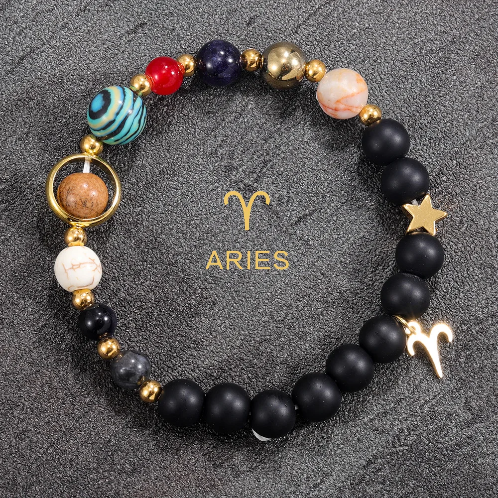 12 Constellation Bracelet Gift - Galaxy Planet & Natural Stone Jewelry, Perfect Zodiac Present for Her Birthday or Christmas