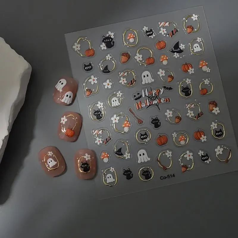 Halloween Nail Stickers Self‑Adhesive Nail Decals With Ghost Pumpkin Cat Mushroom Patterns Gold‑Trim Manicure Slider 5D Embosse