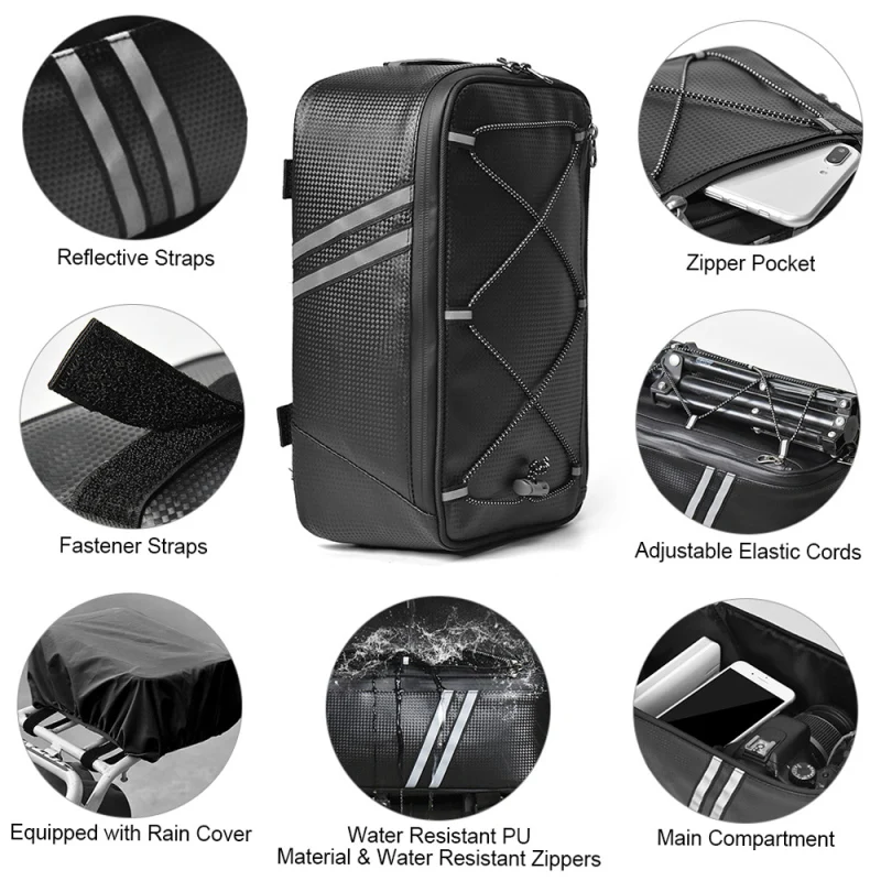 Bike Trunk Bag 7L Bicycle Rear Bag Water Resistant Bike Rack Bag with Waterproof Rain Cover Cycling Equipment for MTB Road Bike