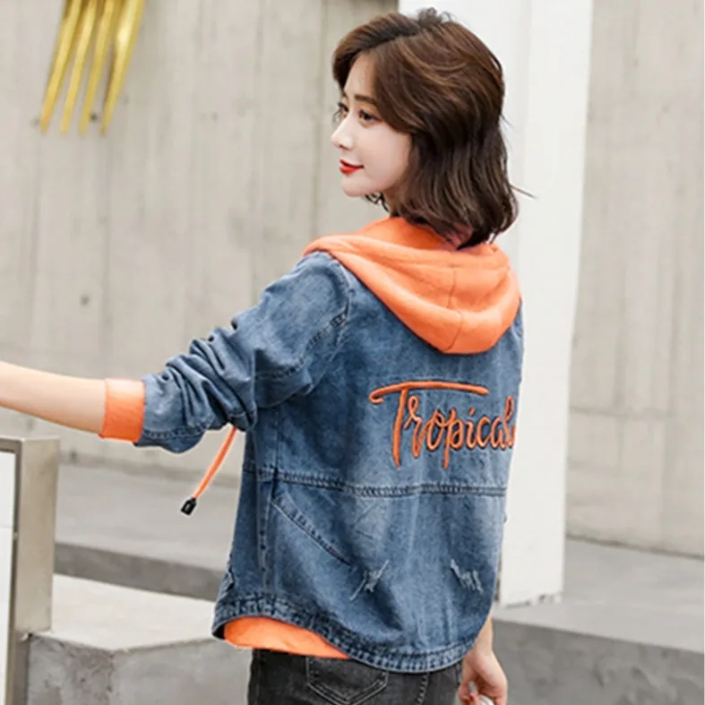Slimming Effect High-End European Sle Women's Jaet Casual Embroidered Patchwork Hoodie Denim Outerwear ort Coat