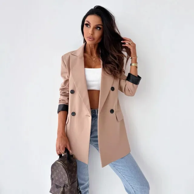 Casual Long Sleeve Loose Fit Suit with Commuter Style Plaid Pattern Patchwork Mid Length Double Breasted Women Suit Autumn
