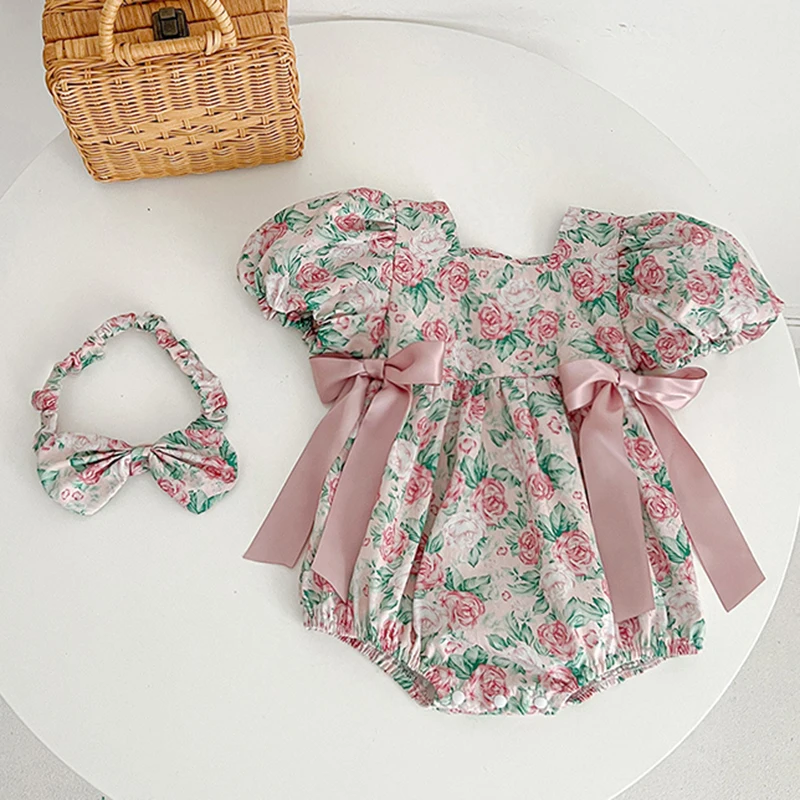 Korean Style Baby Girls Floral Romper+Hair 2pcs Band Kids Girls Short Sleeves Dress Child Baby Girls Summer Sister Clothing