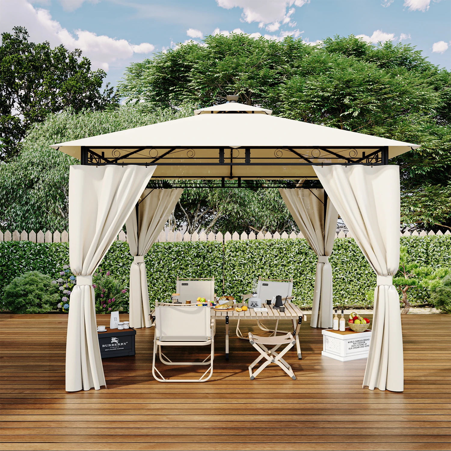 Pavillon de jardin Devoko 3x3 mètres, imperméable, de luxe, pour fêtes, structure métallique, toit à double paroi