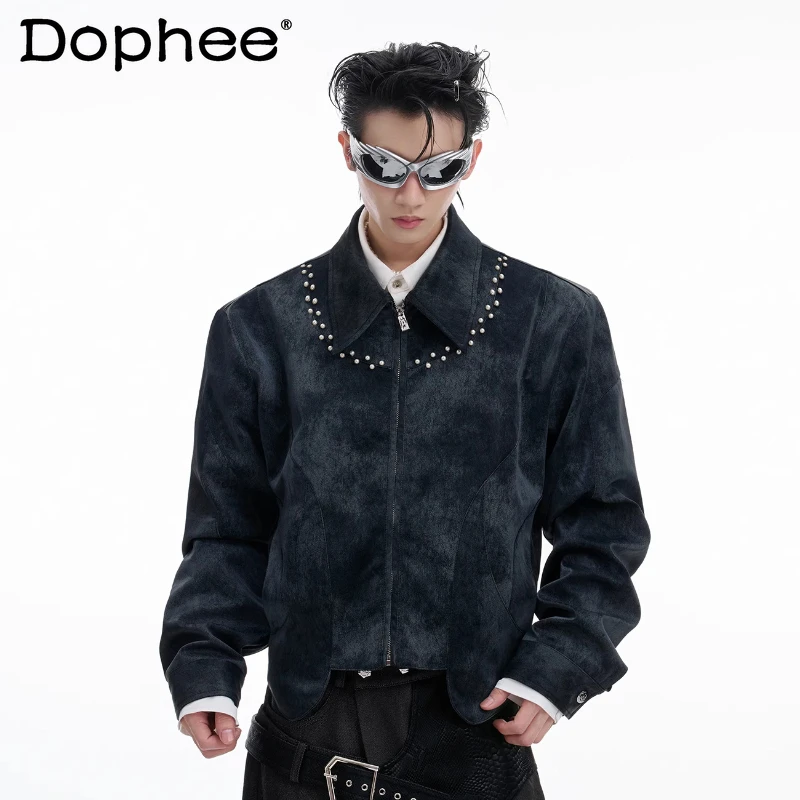 

Men's 2025 Autumn New Niche Pearl Decoration Faux Leather Jackets Men's Long Sleeve Short Style Jacket Tops Male Handsome Coats