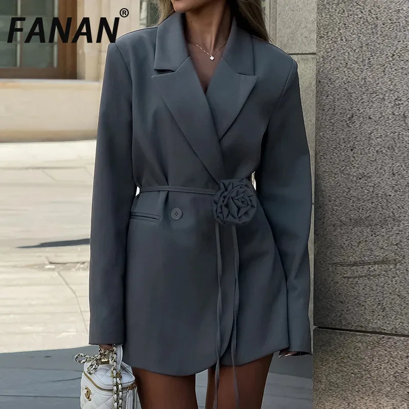 FANAN Flower Design Blazer For Women Notched Belt Gathered Waist Long Sleeve Fit Jackets Female Coats Fashion 2025 New Clothes