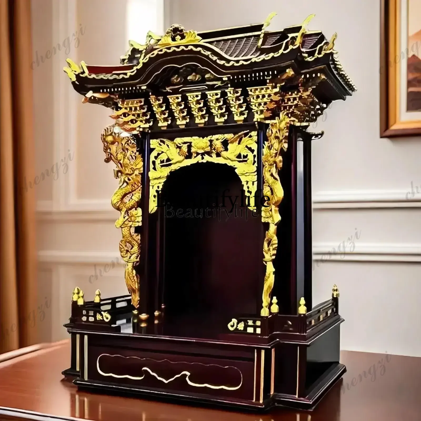45 03Gold-painted Buddhist shrine Standing cabinet Wealth shrine Carving dragon shrine Buddhist cabinet Serving table Buddhist