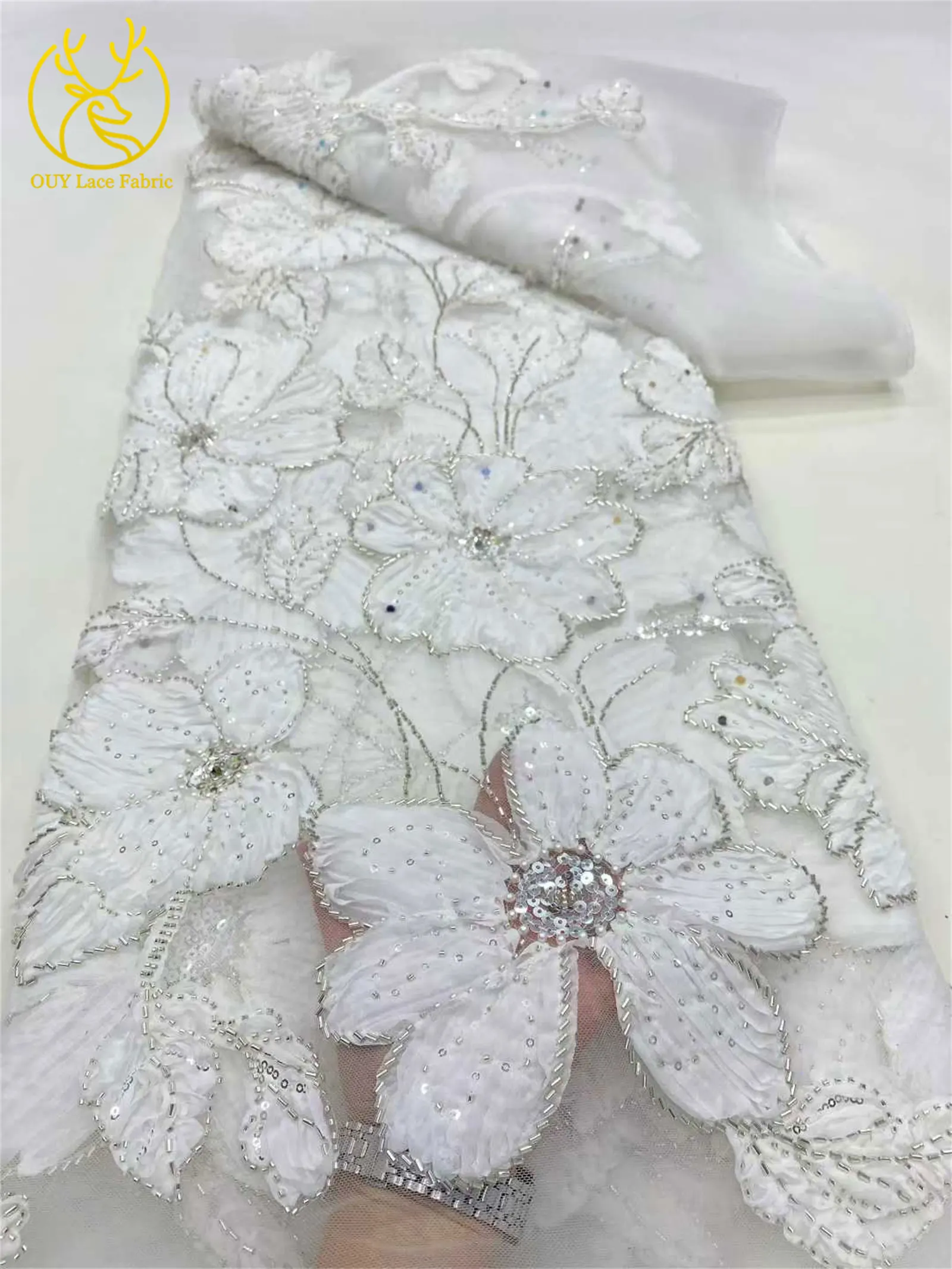 Africano Nigeriano Paillettes In Rilievo Tulle Tessuto di Pizzo 2025 di Alta Qualità Francese 3D Fiore Ricamo Per Abiti Da Ballo di Lusso 5 Metri