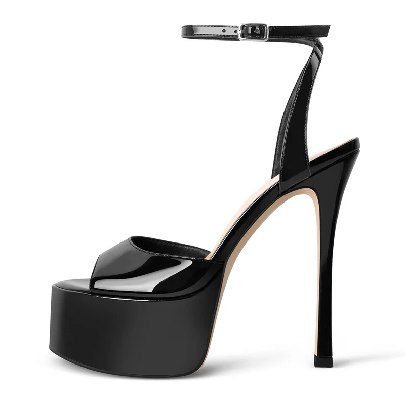Onlymaker Women Black Peep Toe Patent Leather Platform Sandals Thin High Heel Party Evening Dress Stiletto Heels Sandals