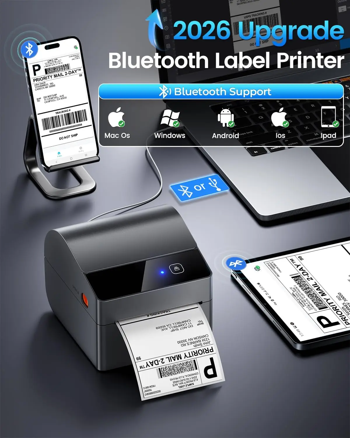 A64M Bluetooth Shipping Label Printer 4x6 2026 Upgraded Thermal Label Printer with Built-in Paper Bin for Shipping Packages