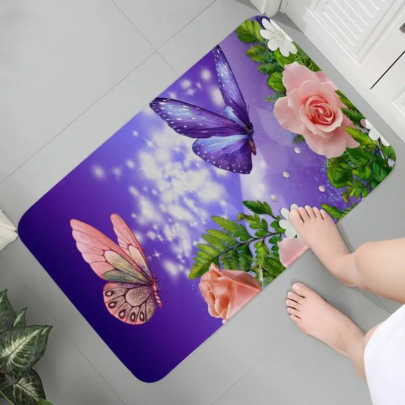 Flower butterfly printed pattern flange facing floor mat home living room kitchen bathroom decoration carpet non slip door 