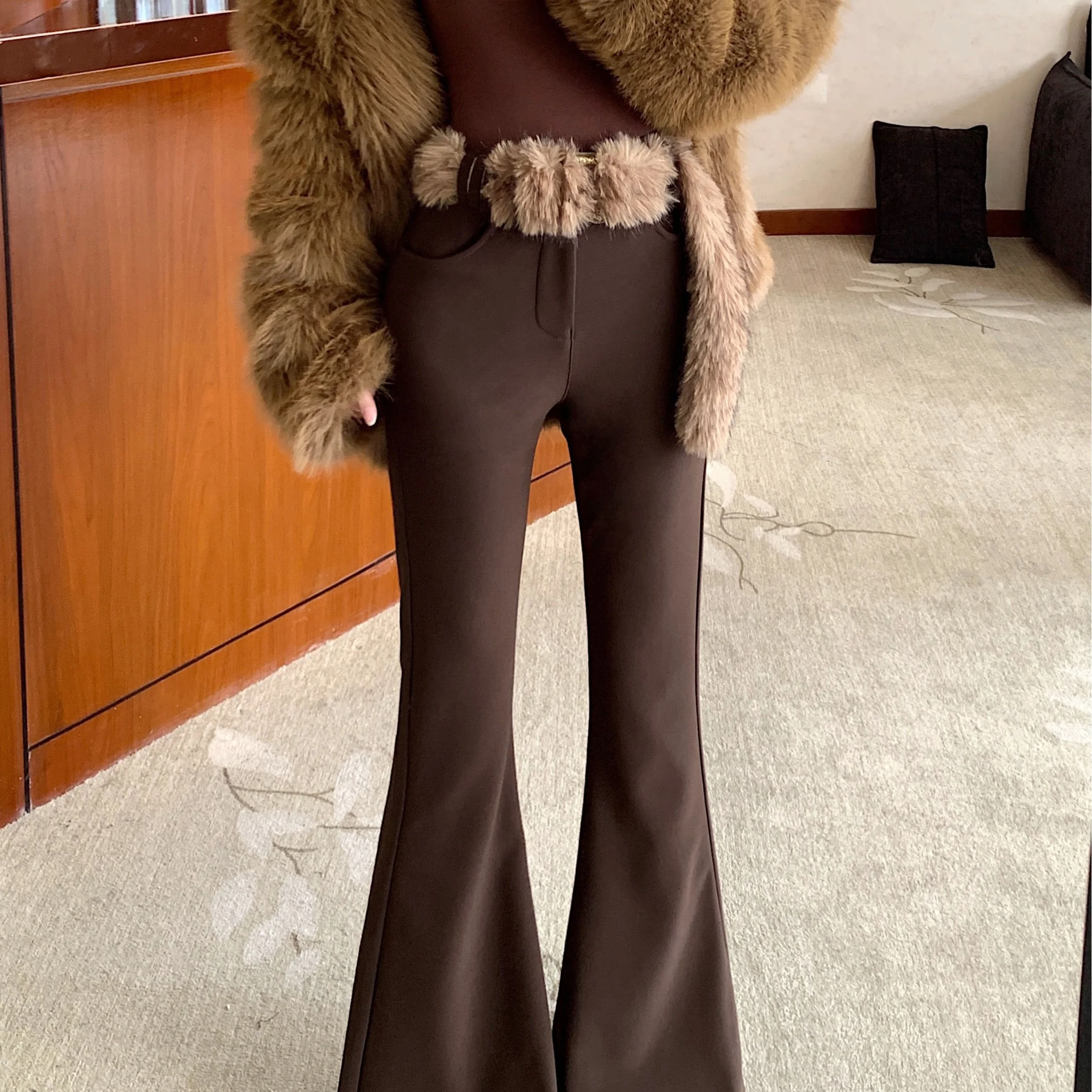 Frauen Hohe Taille Fce Gefüttert Thiened Herbst Winter Bell Bot Casual Hosen Abnehmen Micro Ausgestelltes Lange Hosen