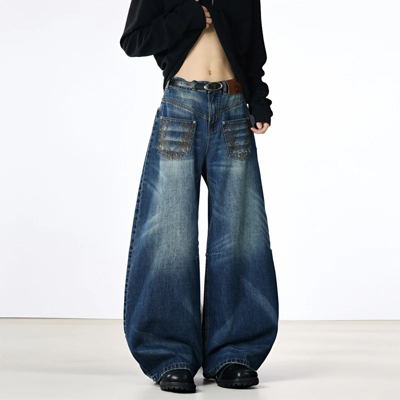 American Style Men Jeans Washing Embroidery Contrast Color Washing Trousers Deconstruction Straight Leg Denim Pants
