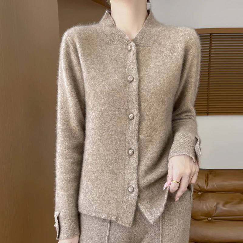 New Chinese stand collar new 100% Merino wool cardigan Autumn and winter vintage solid color sweater coat loose knit top