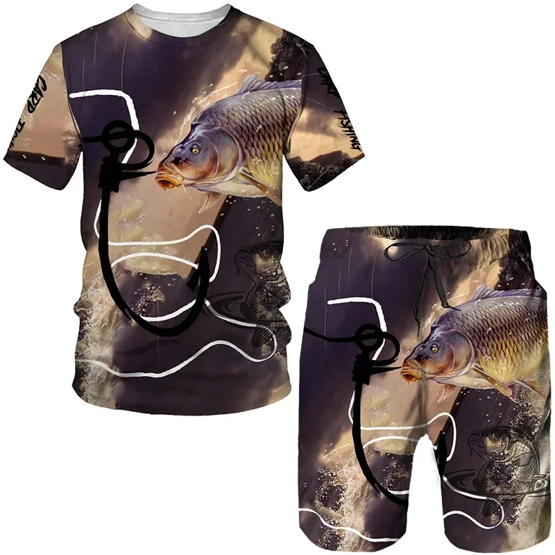 Fishing Battle Camo mode 3D Poker 2Pcs set pria T-shirt Set leher-o tee celana pendek dua potong set kasual Harajuku anak laki-laki Sweatshirt