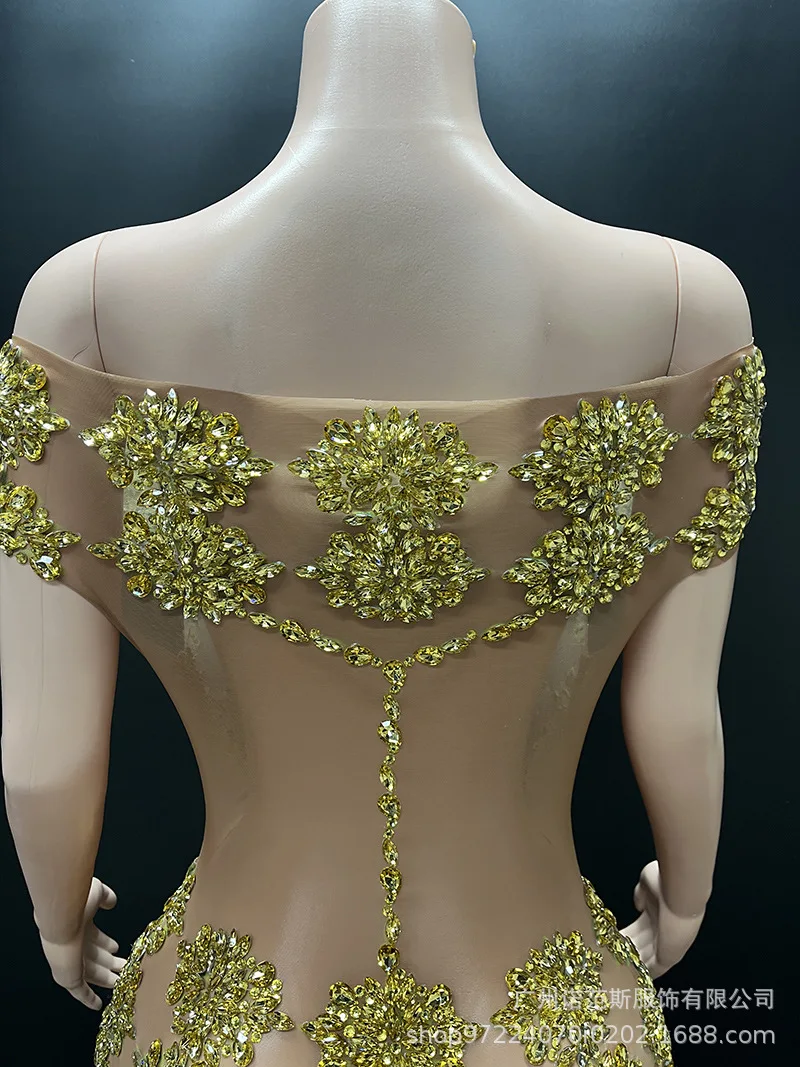 مزاجه الكتف الذهب حجر الراين فستان نموذج المدرج موضة المرأة عيد ميلاد الراقية فستان Vestidos De Gala Dama Brillantes #6